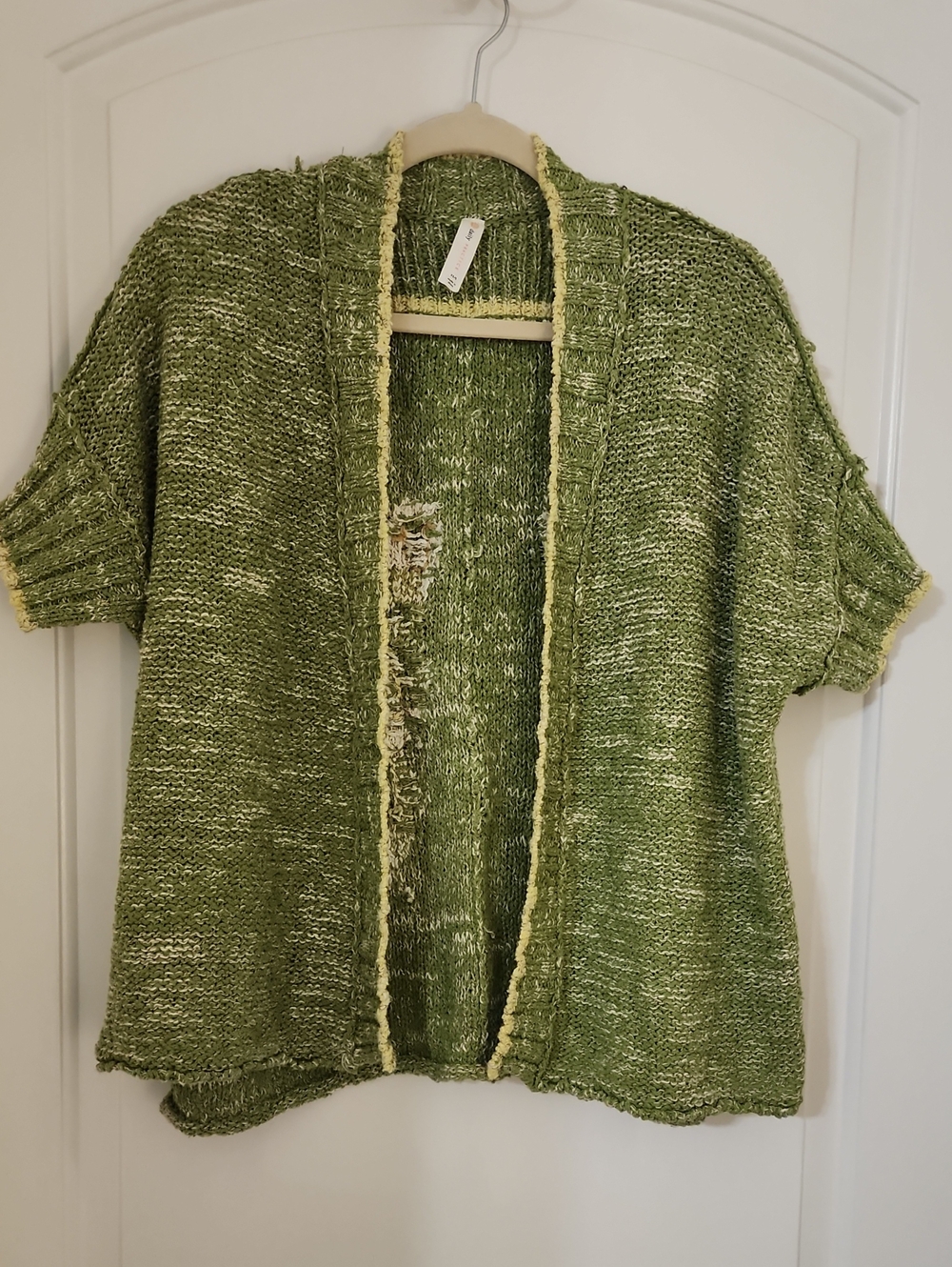 Open-Front Short Sleeve Cardigan in Green with Cream Trim